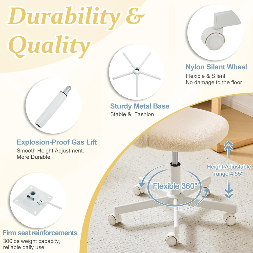 Armless Teddy Fleece Office Chair With Wheels – Creamy Beige