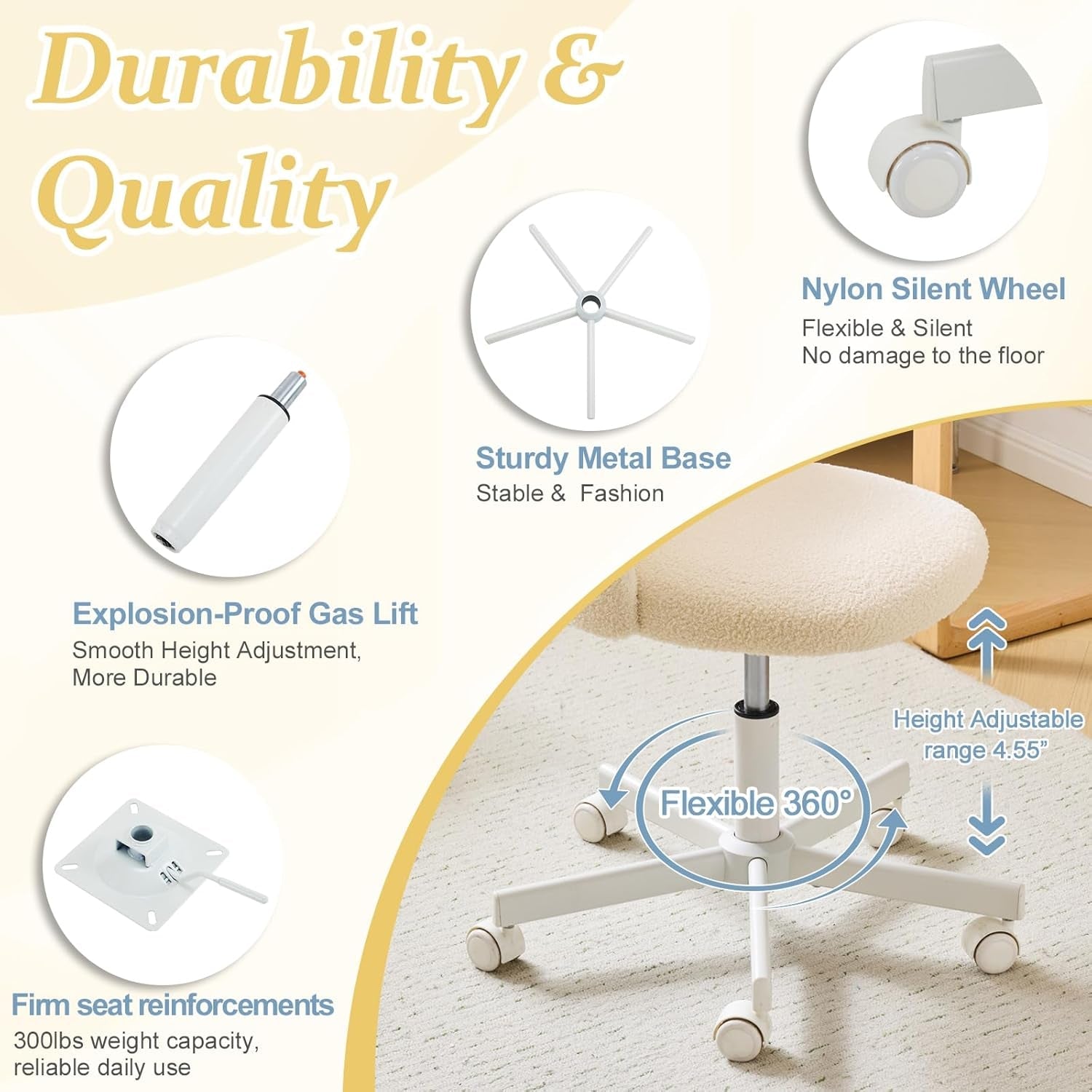 Armless Teddy Fleece Office Chair With Wheels – Creamy Beige