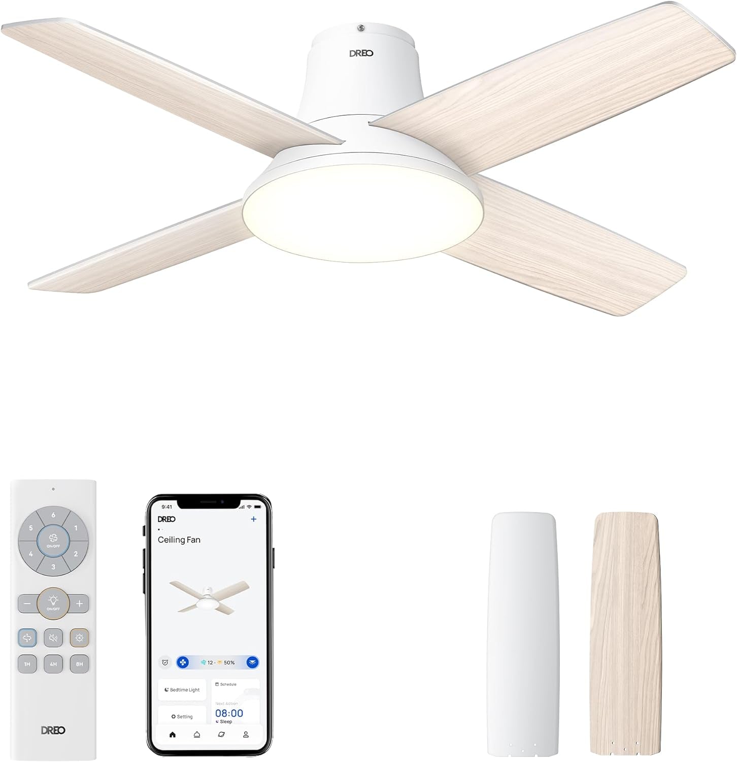 Ceiling fan with remote control, smartphone app, and individual blade on a white background