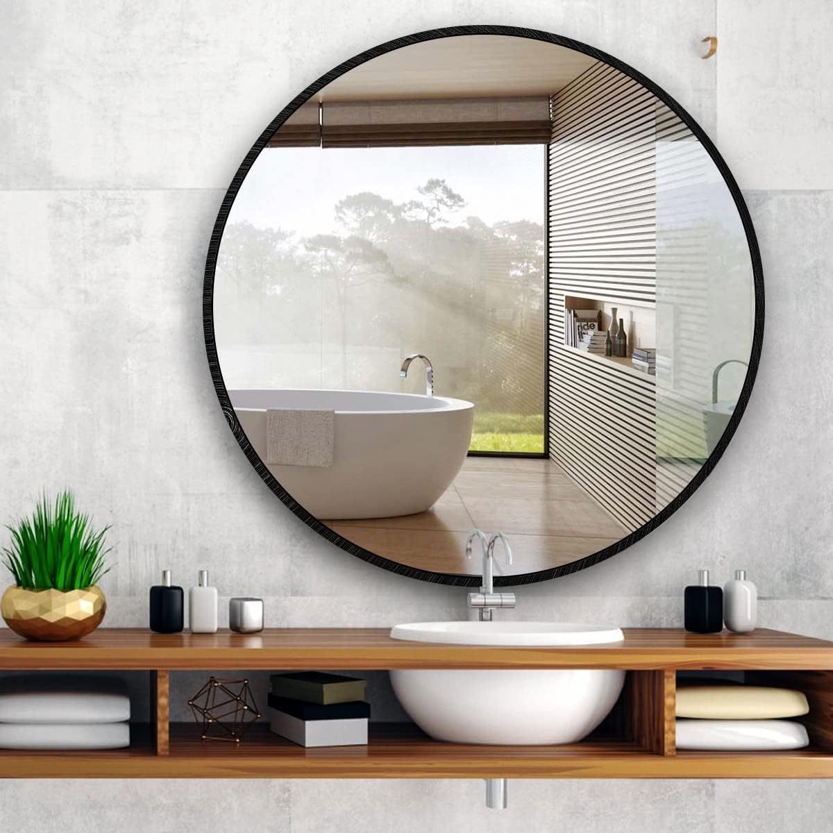 39 Inch Black Metal Framed Round Bathrrom Mirror for Wall