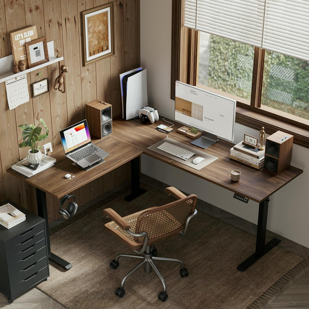 L Shaped Electric Standing Desk 63 By 55 Inch Dark Walnut
