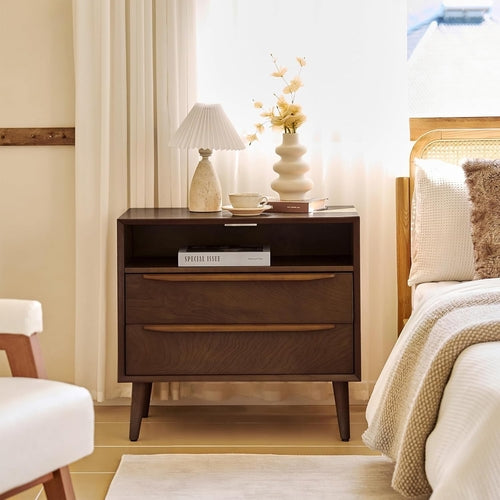 Nightstand With Charging Station Walnut Mid Century Modern