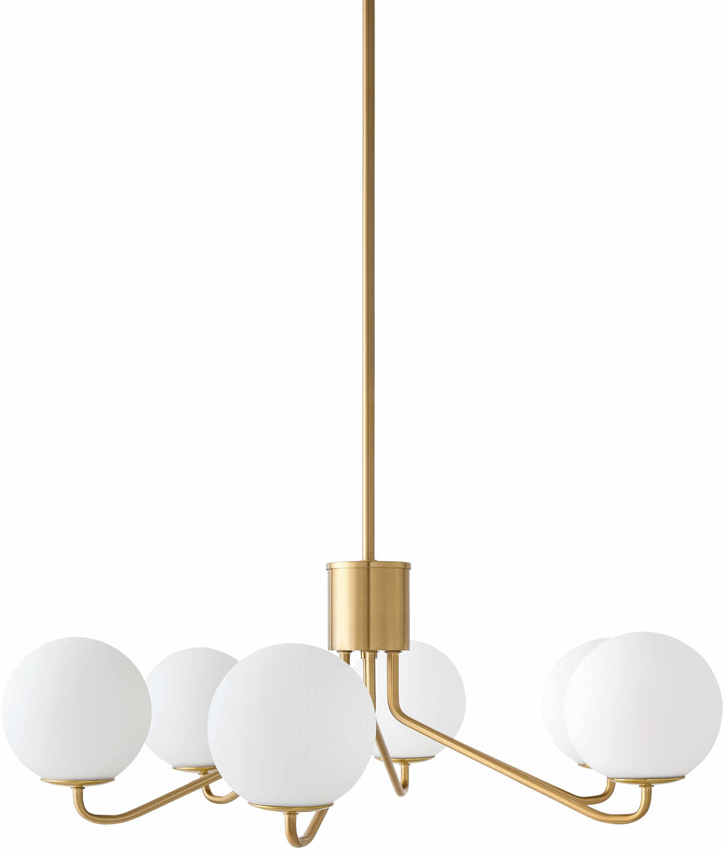 6-Light Gold Chandelier with Frosted Glass Shades on a white background