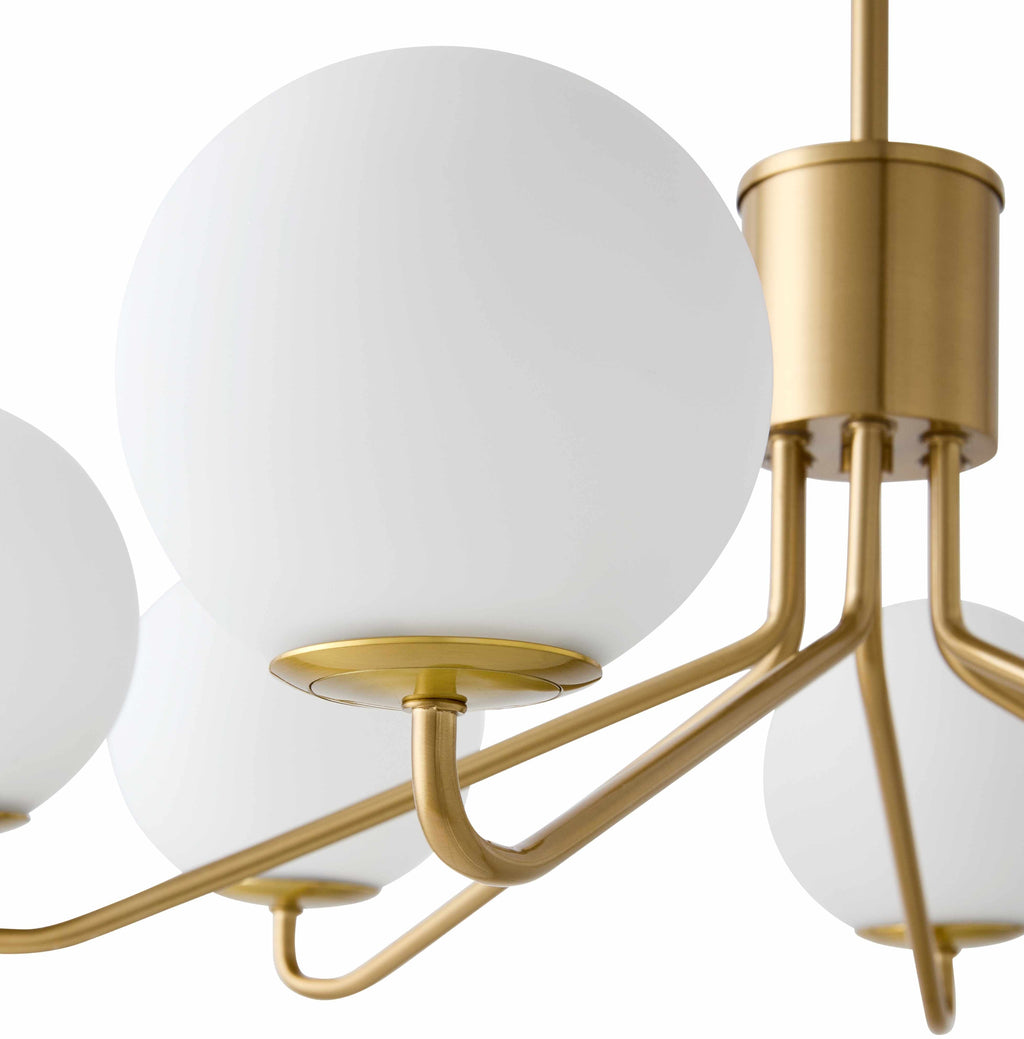 6-Light Gold Chandelier with Frosted Glass Shades on a white background details