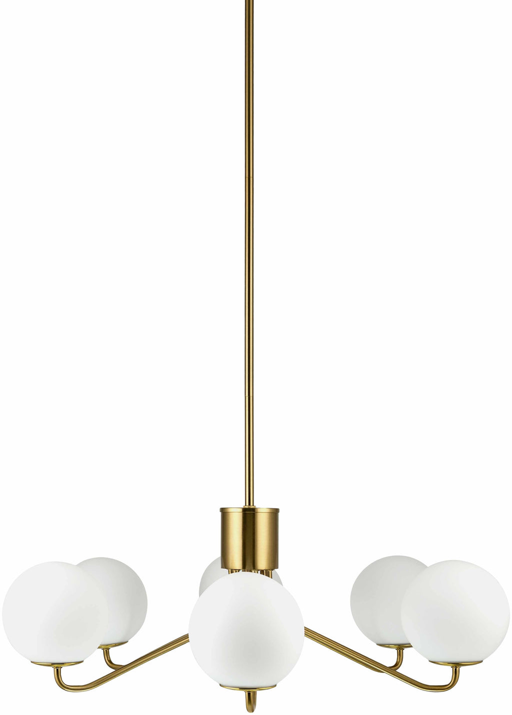 6-Light Gold Chandelier with Frosted Glass Shades on a white background long cord example