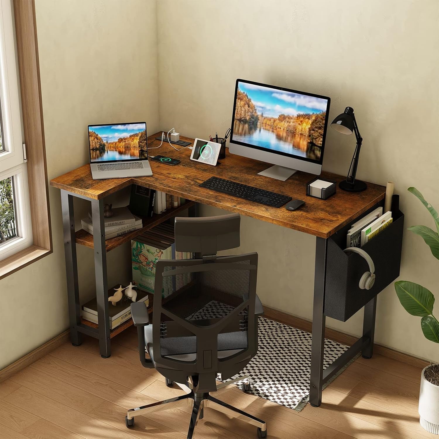40 Inch L Shaped Desk With Power Outlet And Shelves Rustic Brown