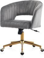 Grey Velvet Home Office Chair With 360 Swivel And Gold Base