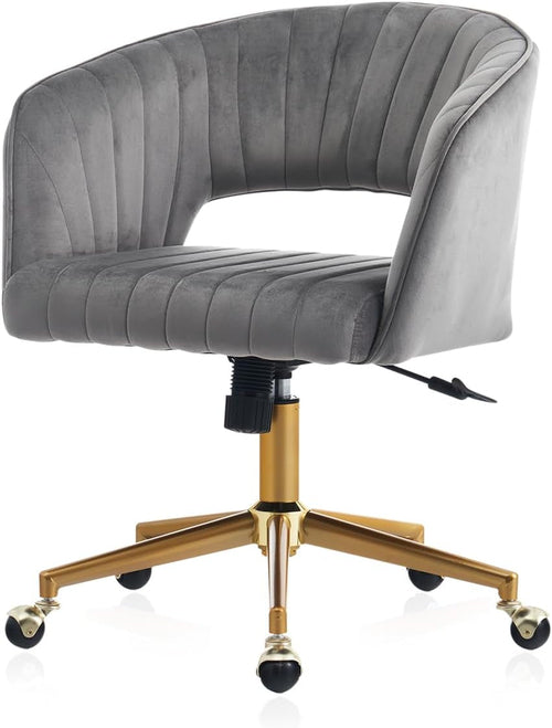 Grey Velvet Home Office Chair With 360 Swivel And Gold Base