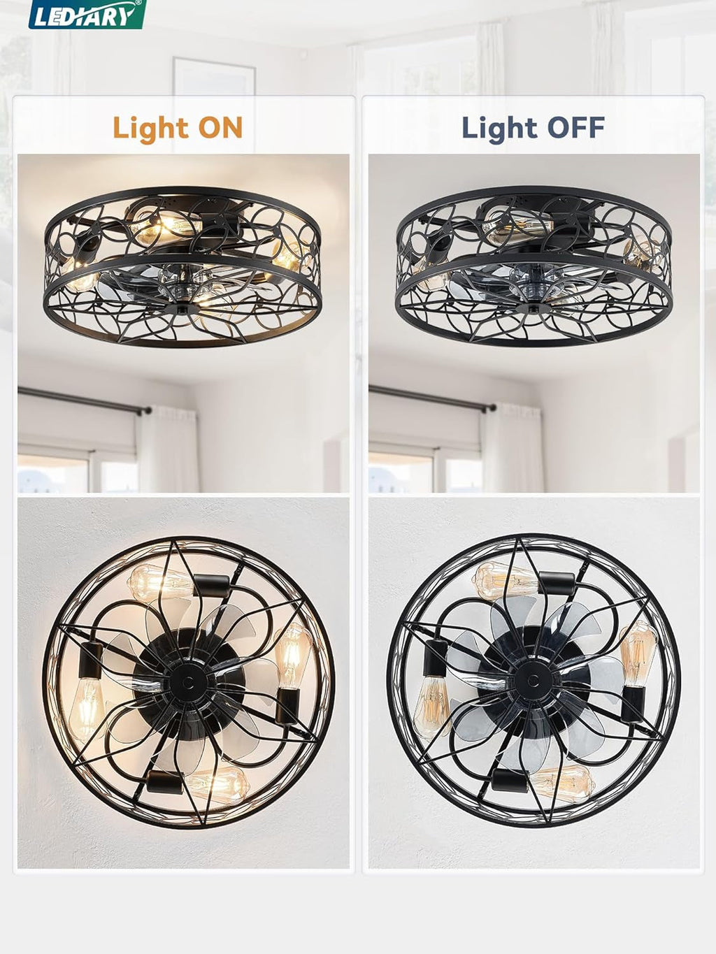 Black Caged Ceiling Fan With Lights Low Profile Flush Mount Remote