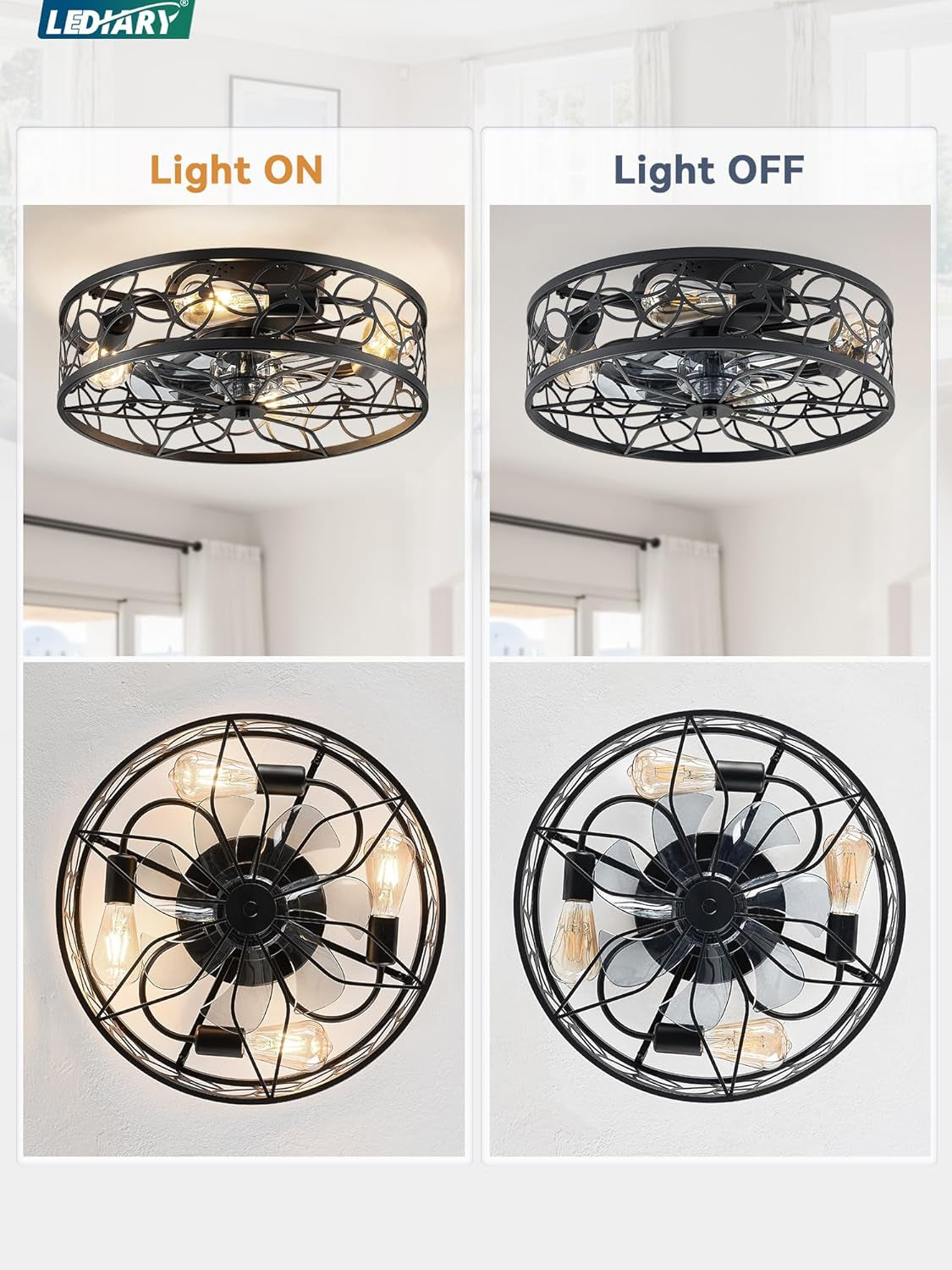 Black Caged Ceiling Fan With Lights Low Profile Flush Mount Remote