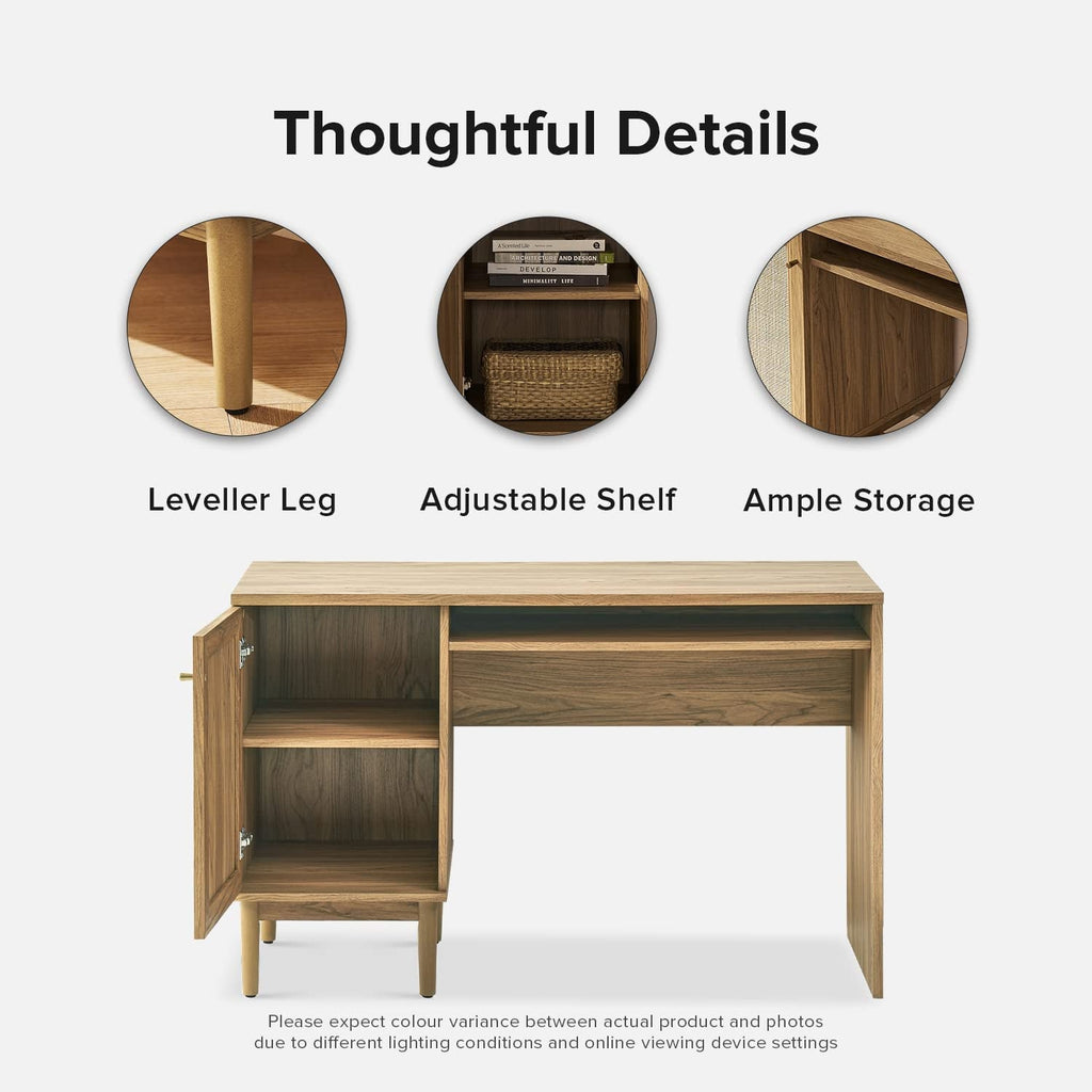 Adjustable Rattan Desk With Hidden Storage And Shelves