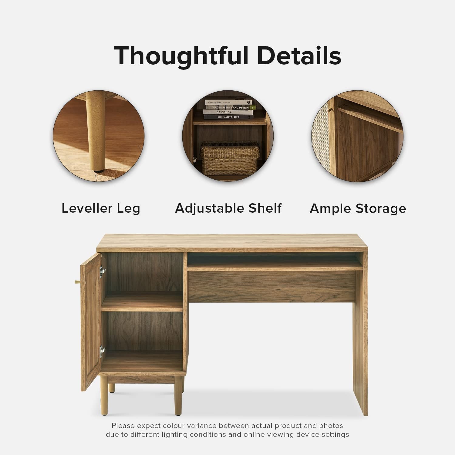 Adjustable Rattan Desk With Hidden Storage And Shelves