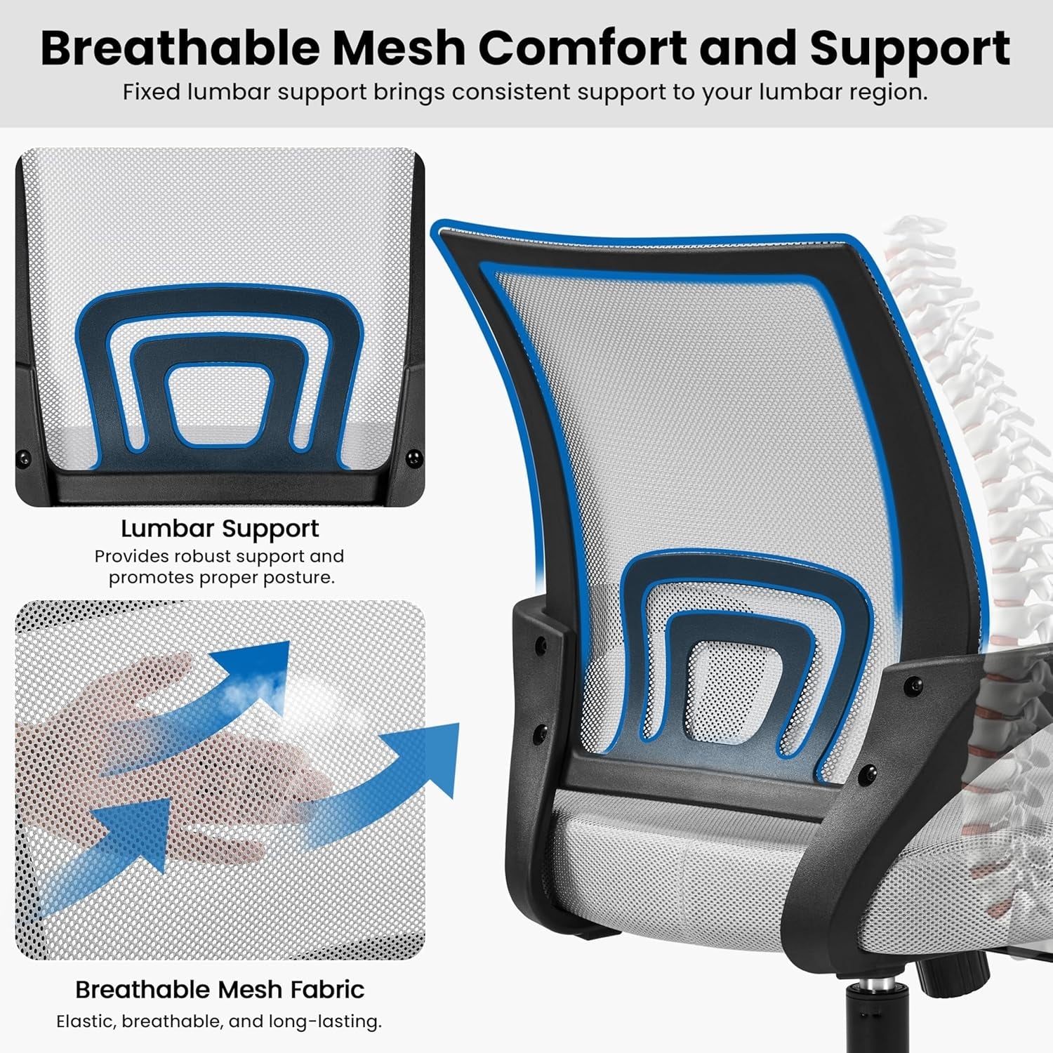 Grey Ergonomic Mesh Office Chair With Lumbar Support