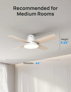 44 Inch White Smart Ceiling Fan With Dimmable LED Light And Remote