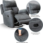 Swivel Rocker Recliner Chair Gray Fabric For Small Spaces