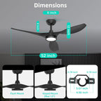 52 Inch Black Ceiling Fan With Remote And Light DC Motor