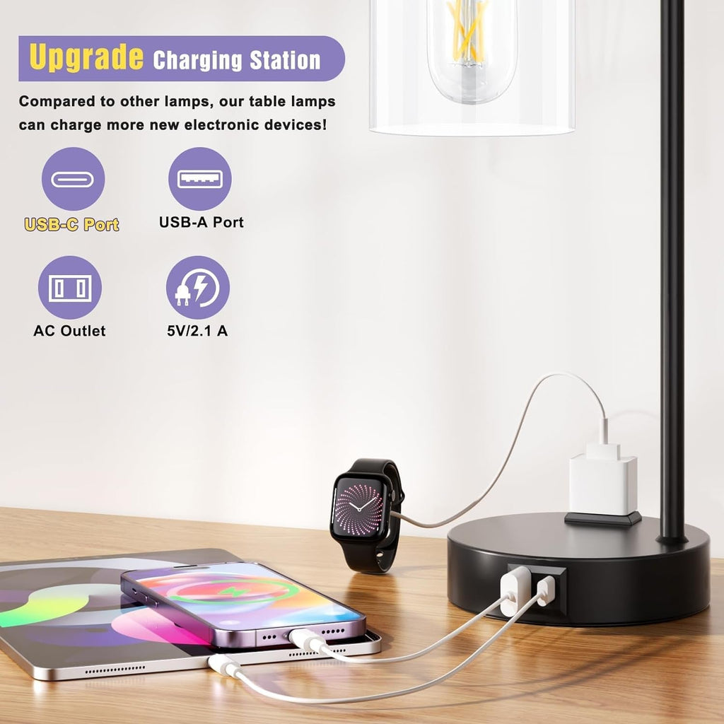 Industrial Touch Table Lamps Bundle – Set of 2, 3-Way Dimmable with USB