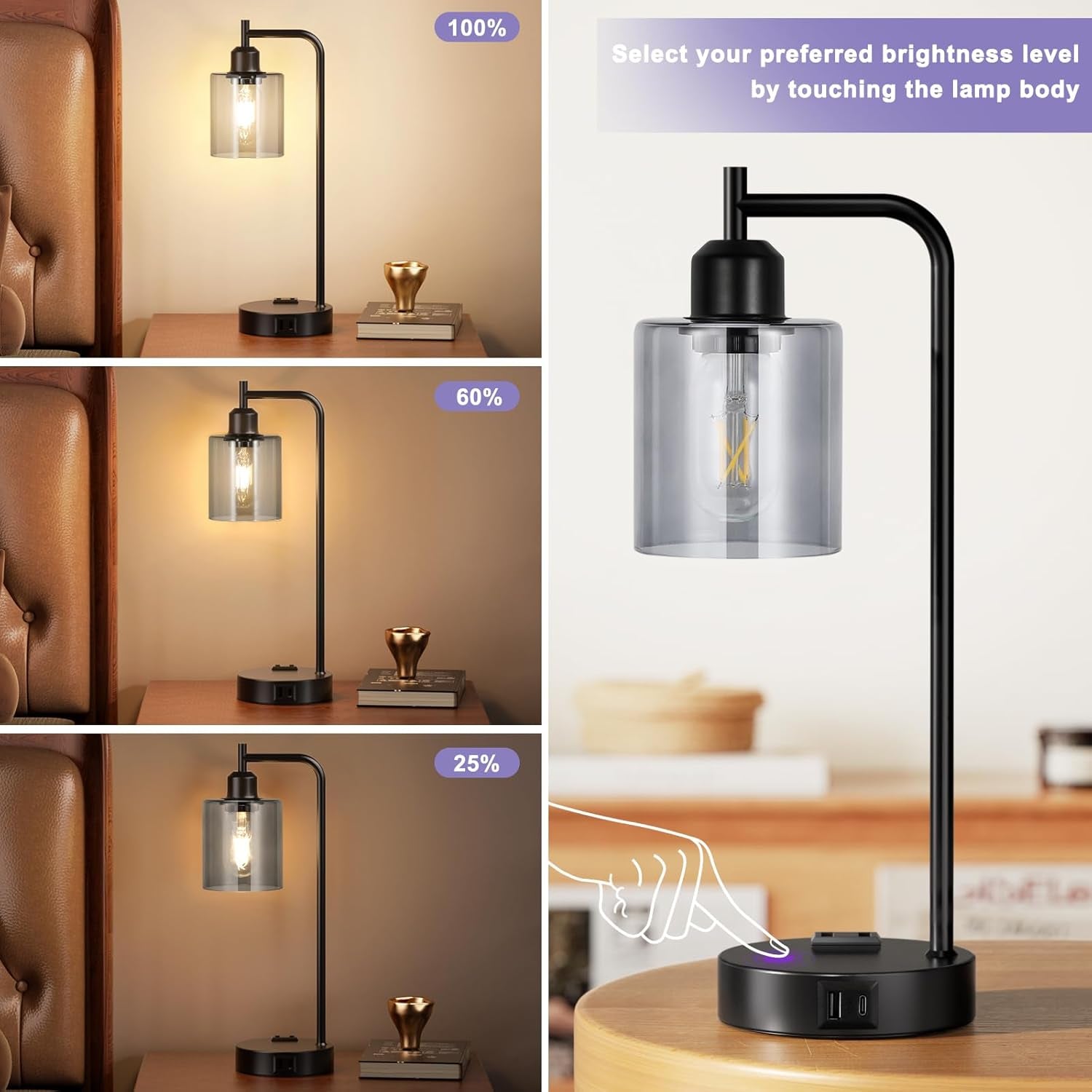 Smart desk lamp with adjustable brightness levels on a wooden surface.