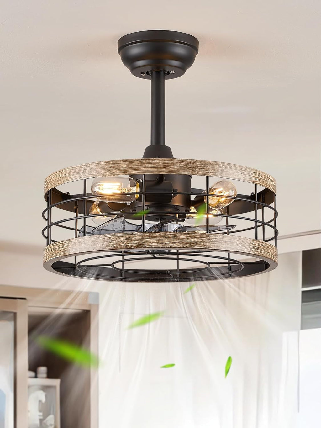 16.5 Inch Rustic Brown Caged Ceiling Fan With Light