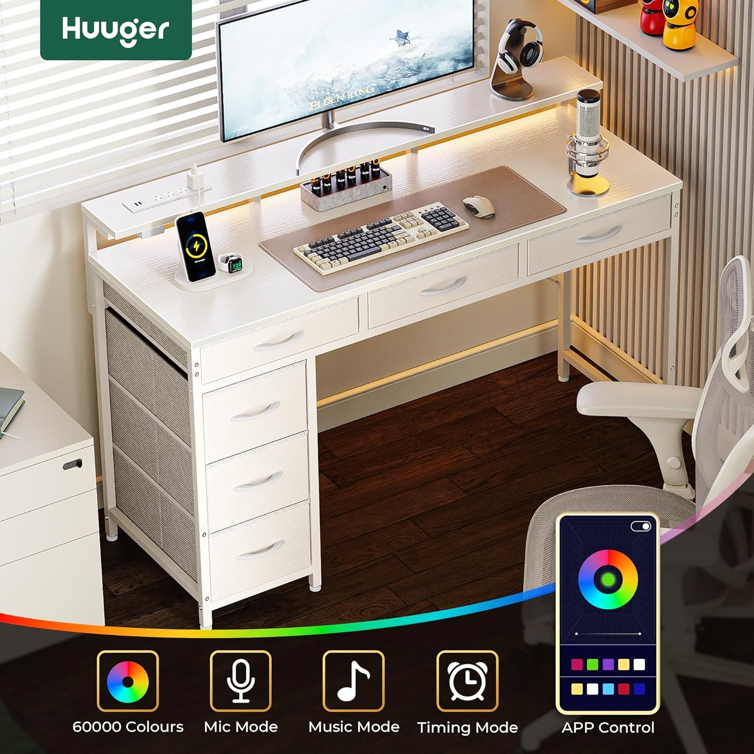 White 47 Inch LED Gaming Desk With 6 Drawers USB Type C
