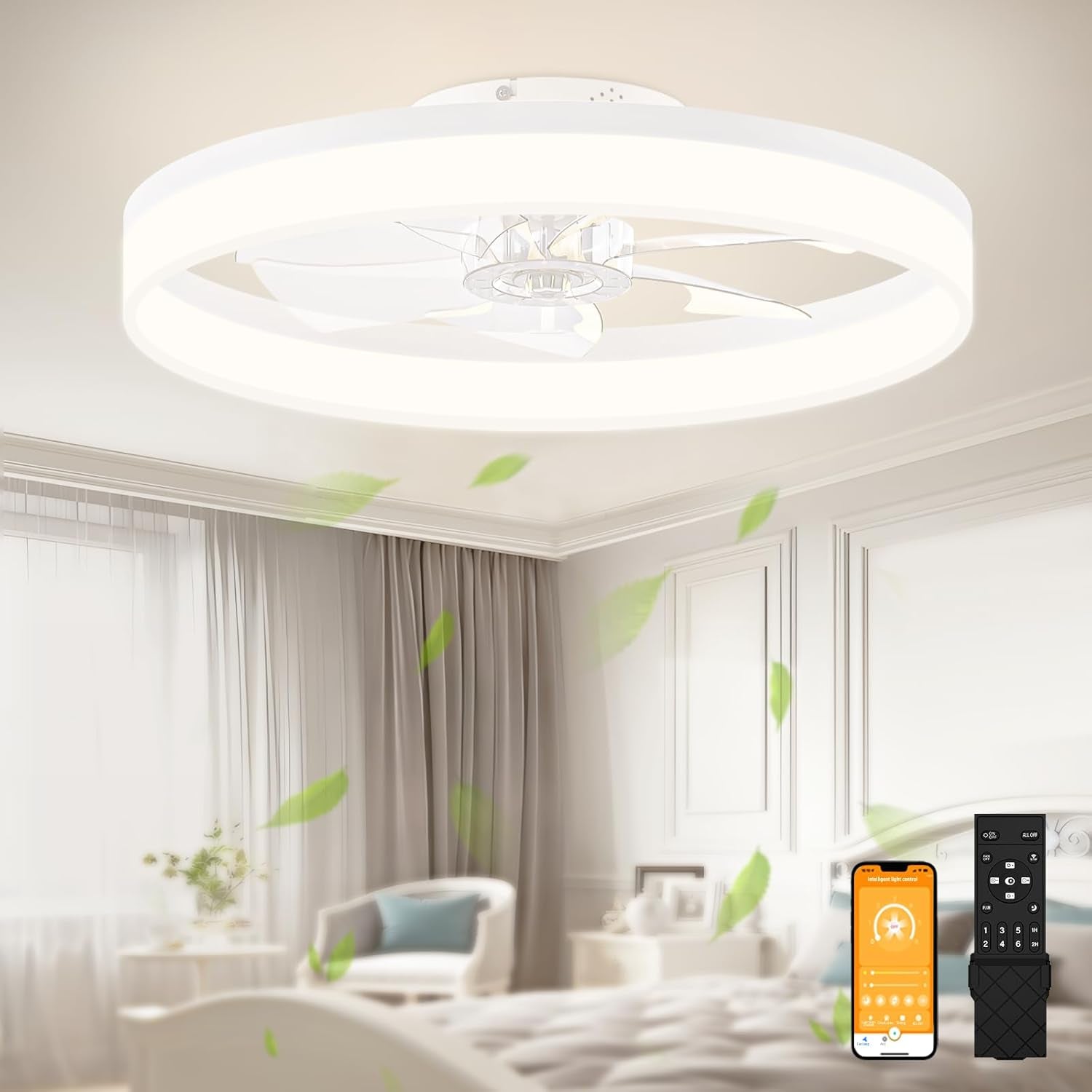 23.6 Inch White Low Profile LED Ceiling Fan Light With Remote Dimmable