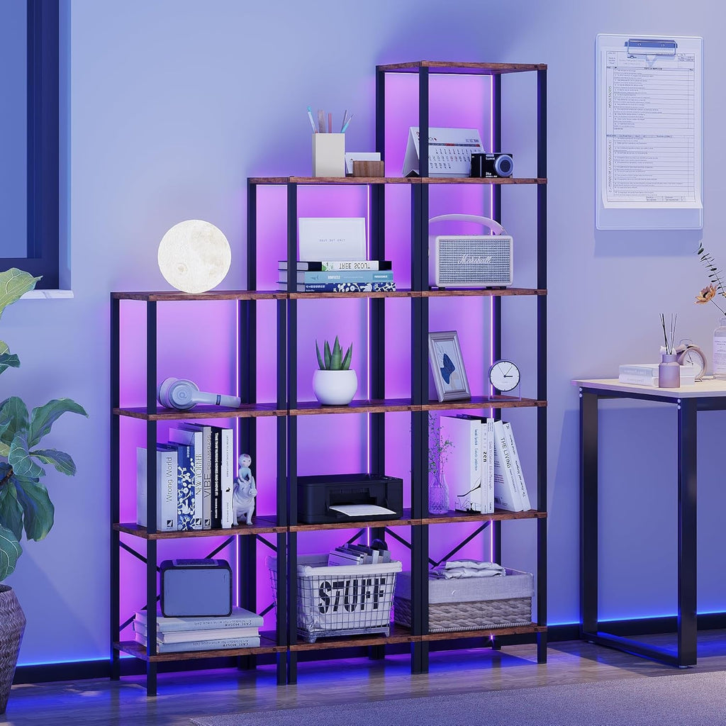 6-Tier Bookshelf With LED Lights — Rustic Brown