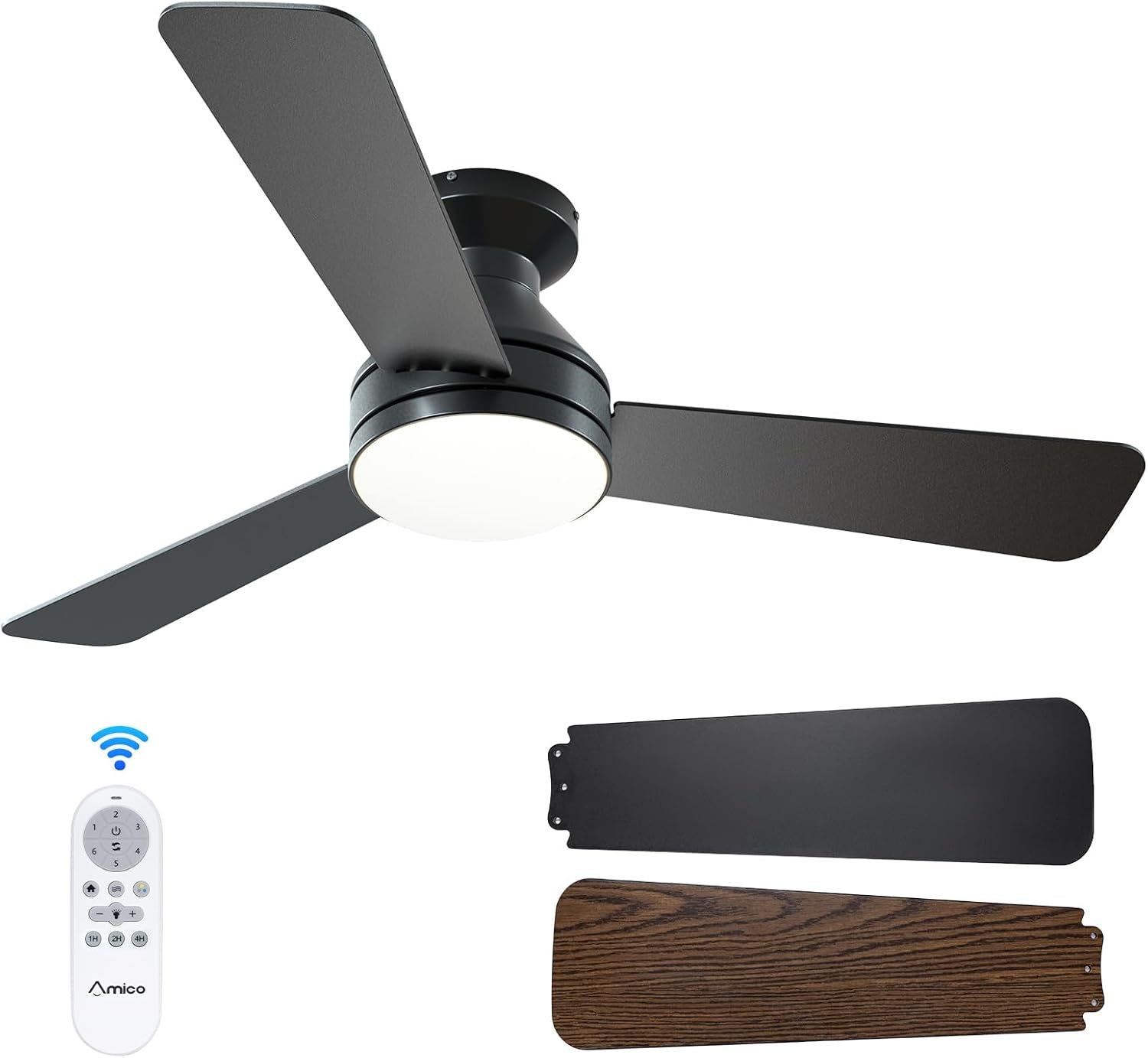 42 Inch Black Low Profile Ceiling Fan With Light And Remote