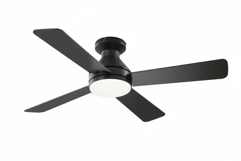 Ceiling fan with remote control and additional blades on a white background