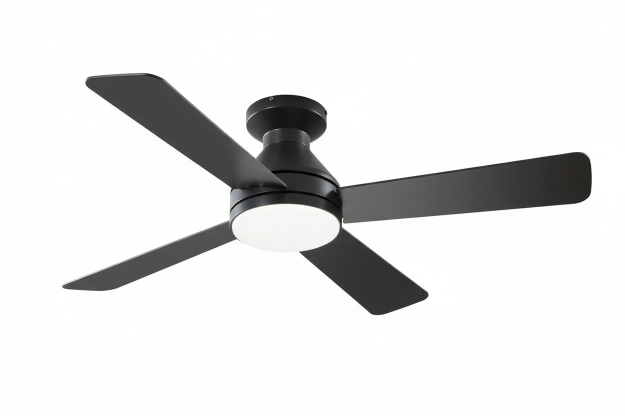 Ceiling fan with remote control and additional blades on a white background