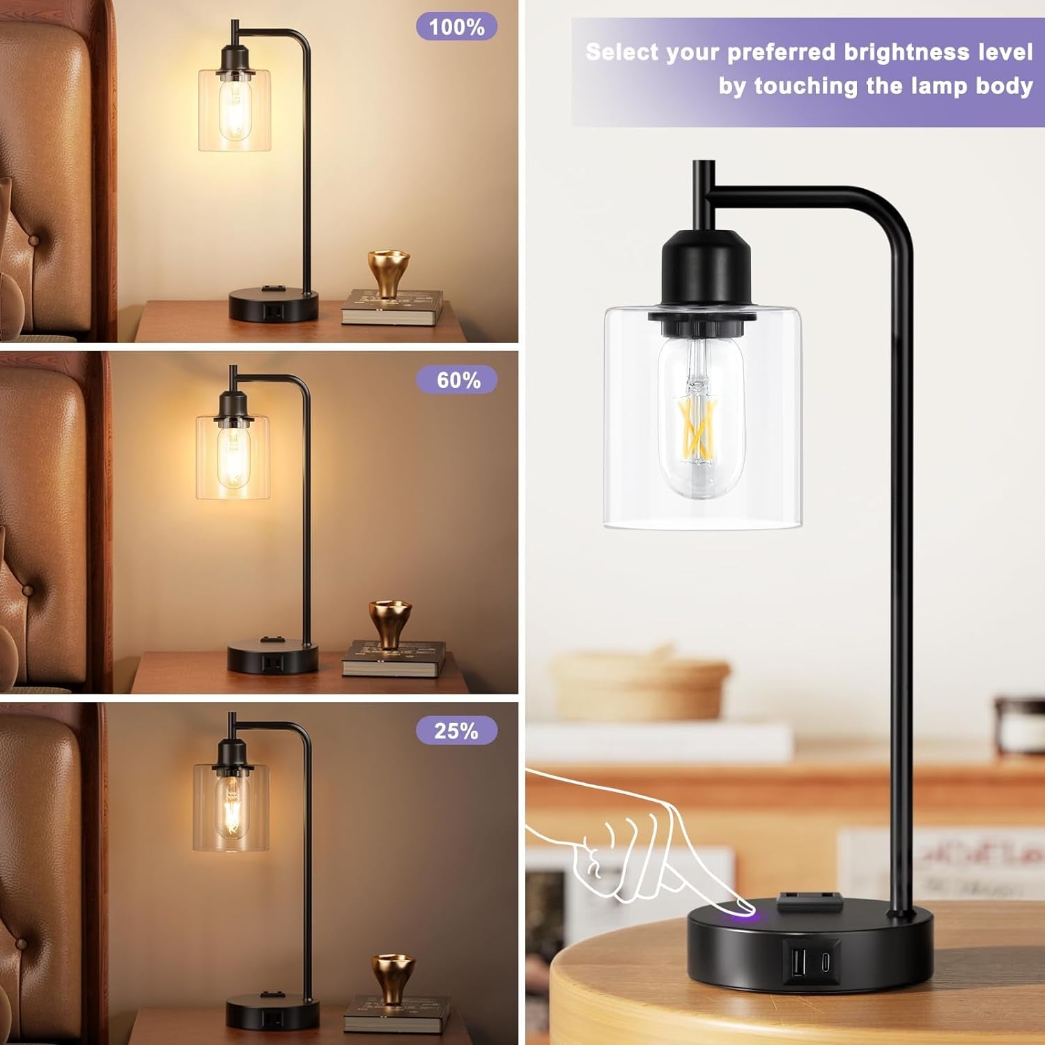 Industrial Touch Table Lamps Bundle – Set of 2, 3-Way Dimmable with USB