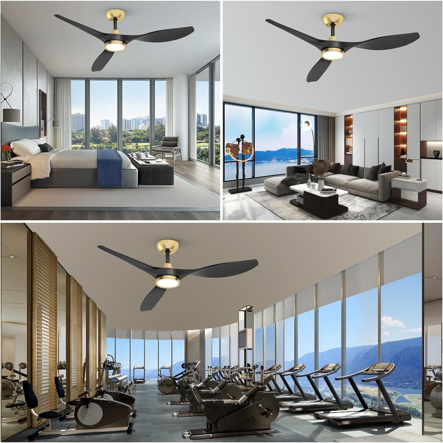 52 Inch Black Gold Indoor Ceiling Fan With LED Light