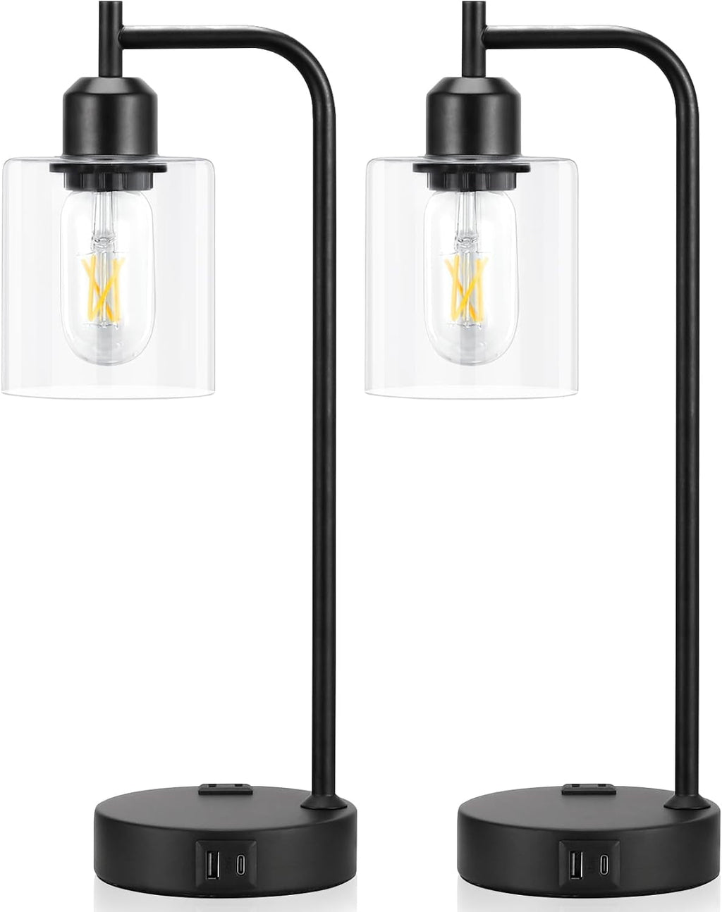 Industrial Touch Table Lamps Bundle – Set of 2, 3-Way Dimmable with USB
