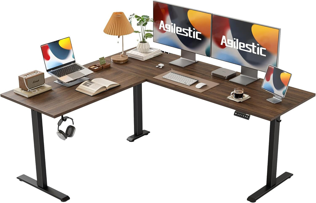 L Shaped Electric Standing Desk 63 By 55 Inch Dark Walnut