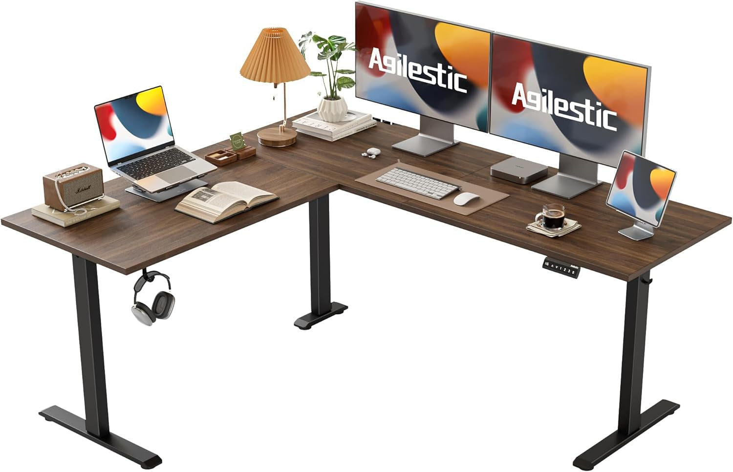 L Shaped Electric Standing Desk 63 By 55 Inch Dark Walnut