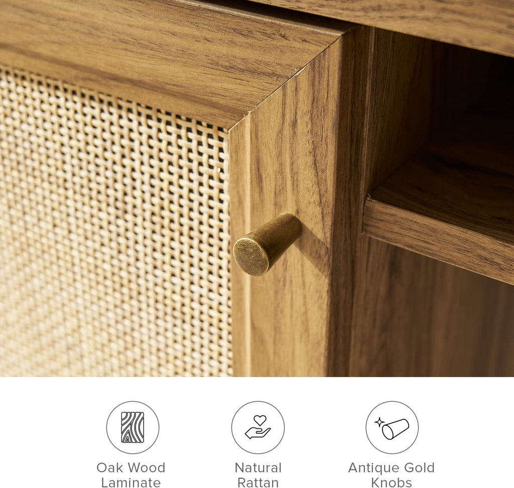 Adjustable Rattan Desk With Hidden Storage And Shelves