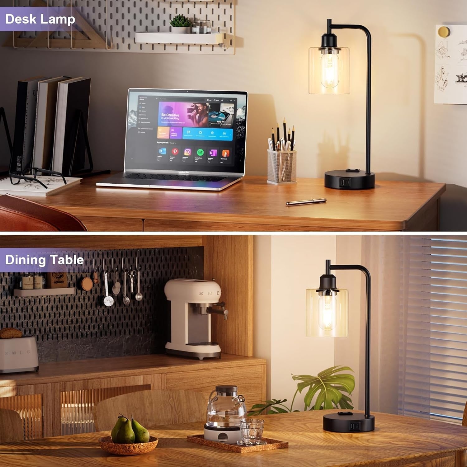 Industrial Touch Table Lamps Bundle – Set of 2, 3-Way Dimmable with USB