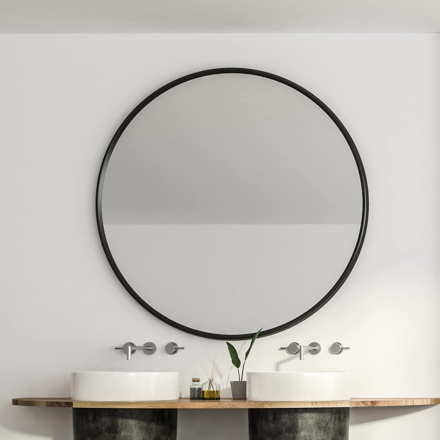 39 Inch Black Metal Framed Round Bathrrom Mirror for Wall