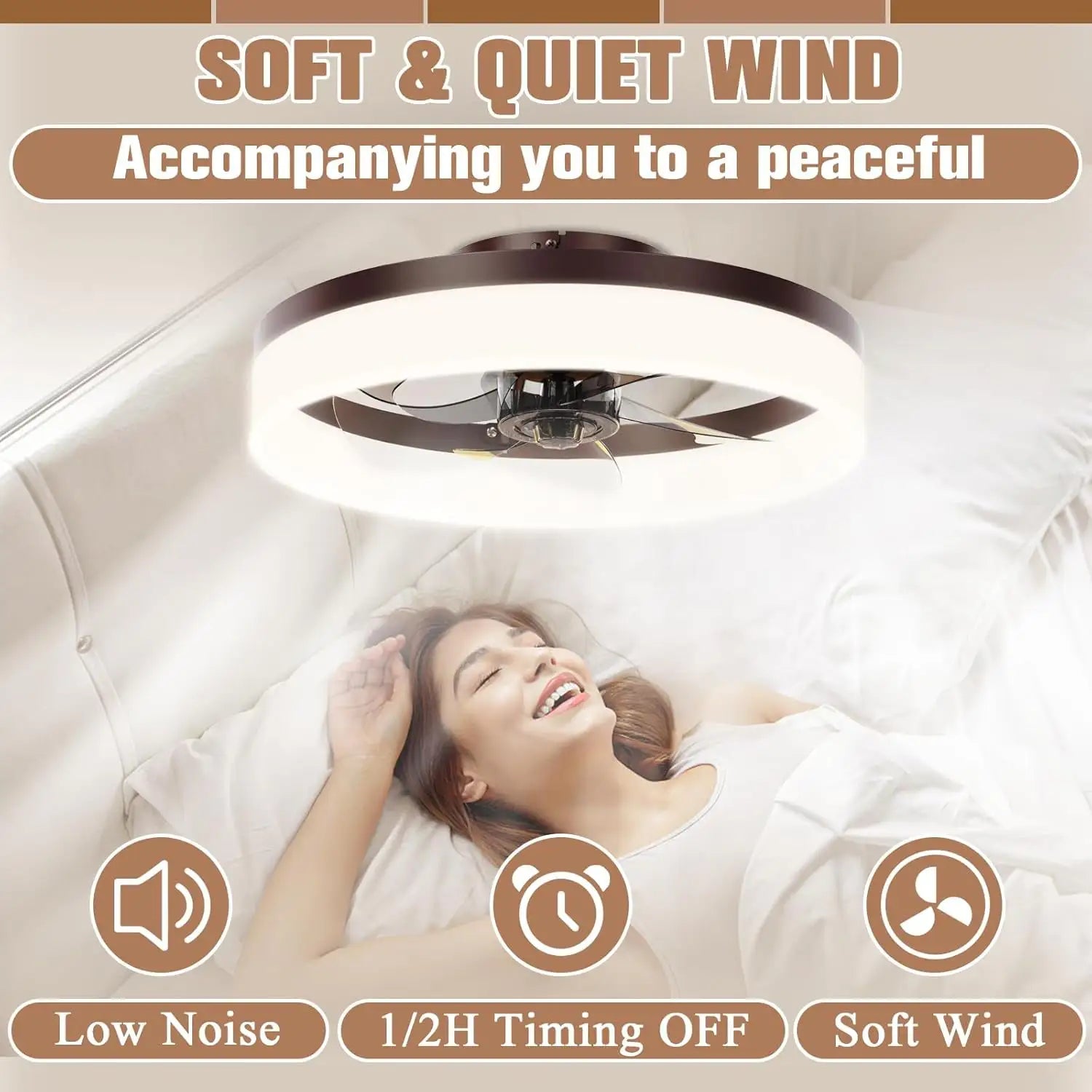 Brown Flush Mount Bladeless Fan Light With Dimmable LED