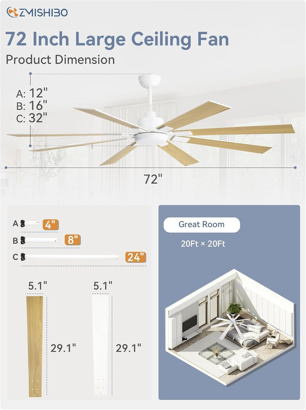 72 Inch White Ceiling Fan With Lights And Remote DC Motor