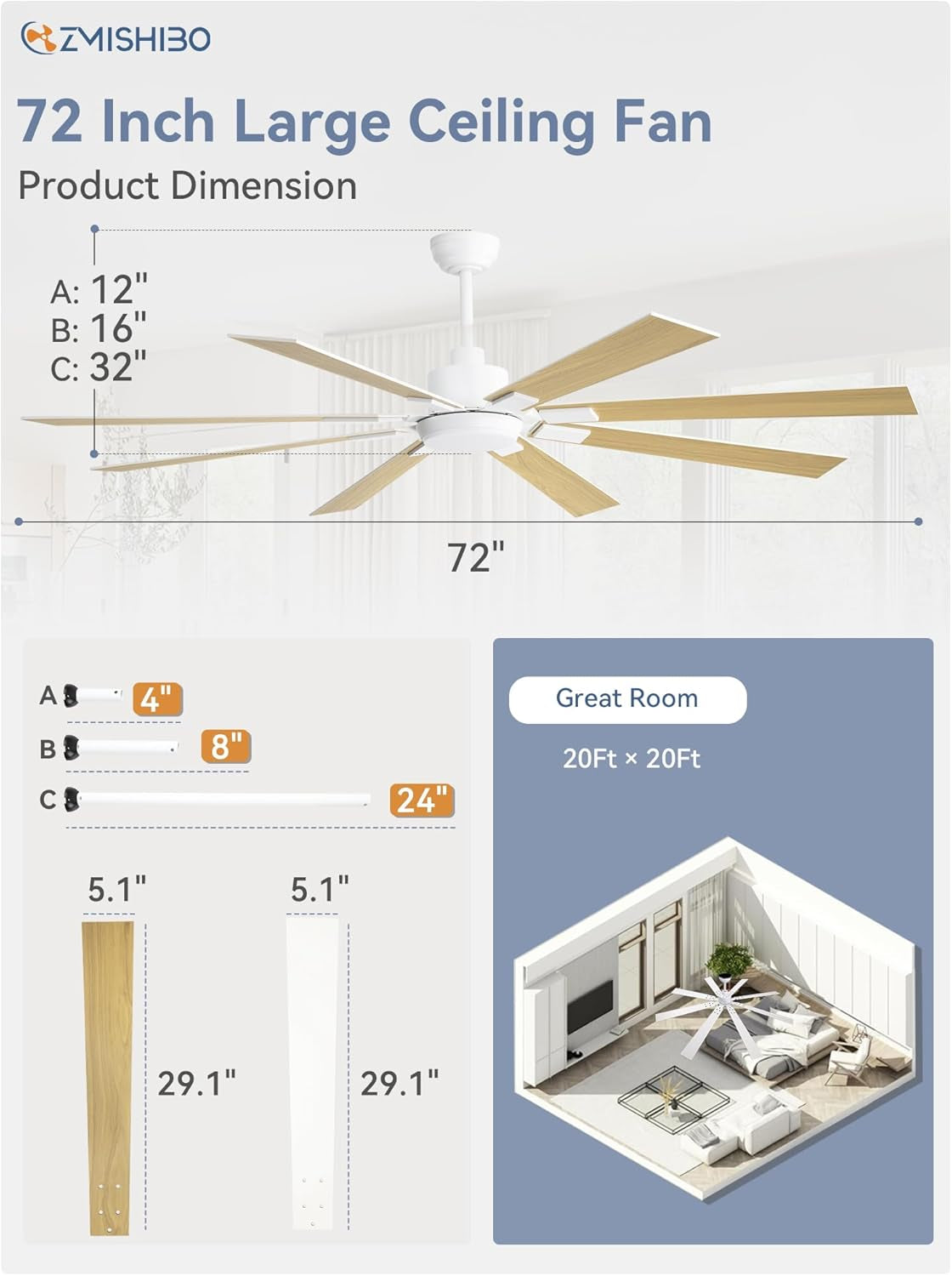 72 Inch White Ceiling Fan With Lights And Remote DC Motor
