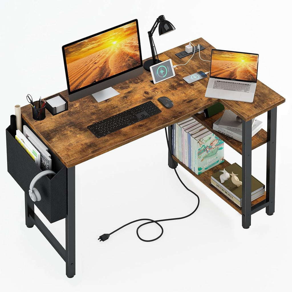 40 Inch L Shaped Desk With Power Outlet And Shelves Rustic Brown