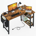40 Inch L Shaped Desk With Power Outlet And Shelves Rustic Brown