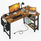 40 Inch L Shaped Desk With Power Outlet And Shelves Rustic Brown