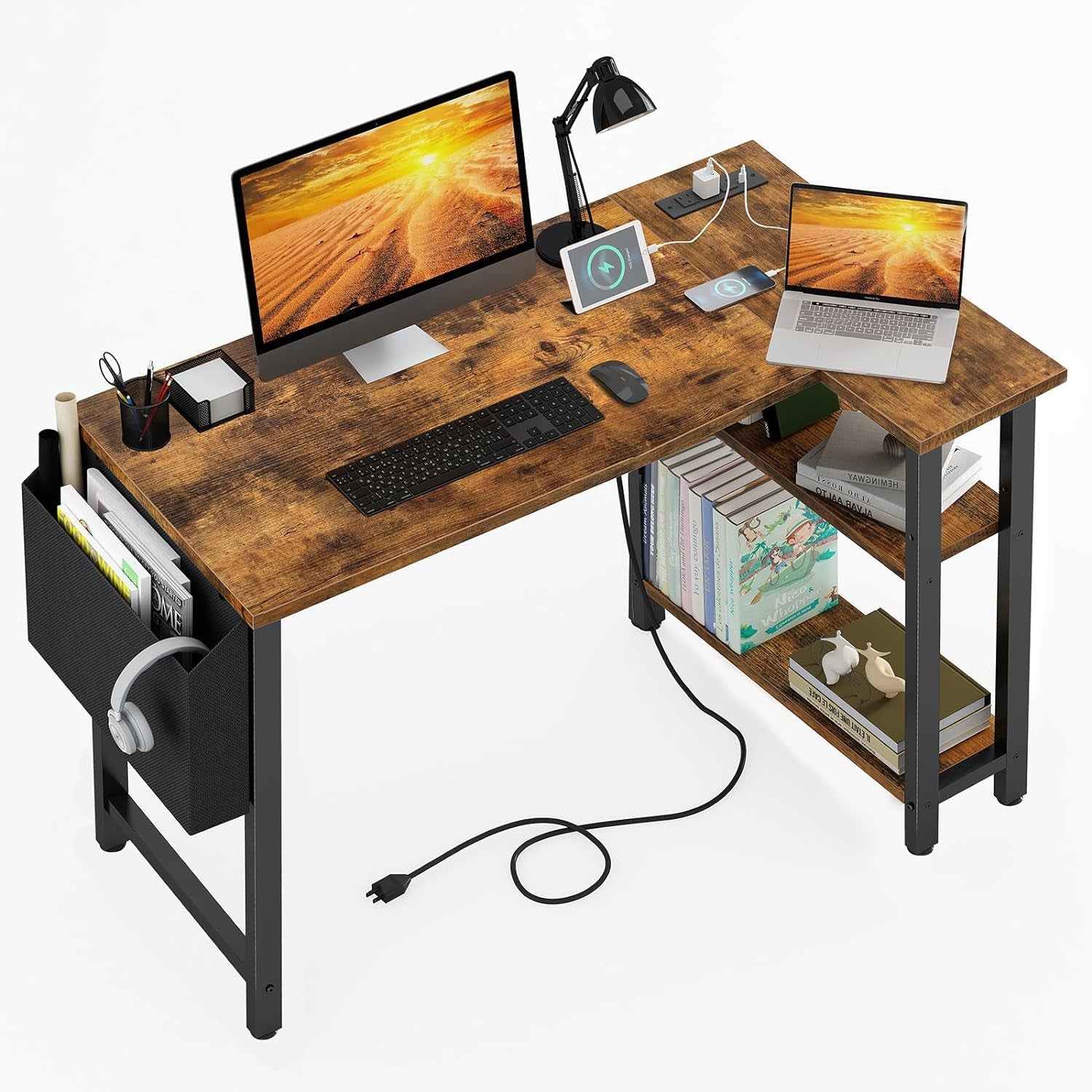 40 Inch L Shaped Desk With Power Outlet And Shelves Rustic Brown