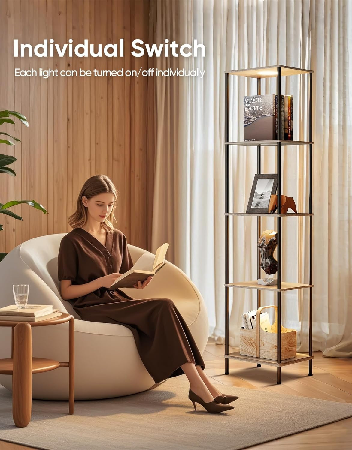 Display Shelf Floor Lamp With RGBW Light Gray Five Tier