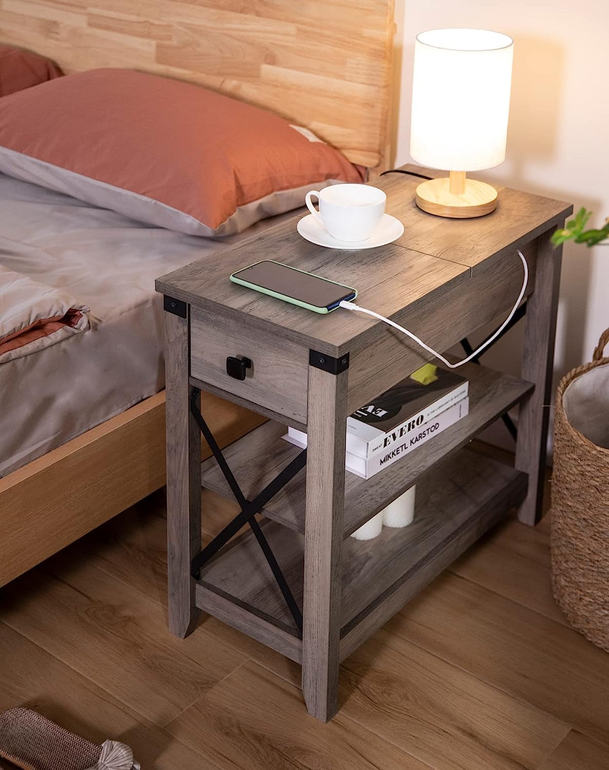 Farmhouse Slim End Table With USB Charging Station