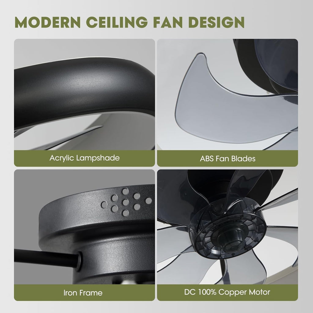 20 Inch Black Flush Mount Smart Ceiling Fan With LED Lights