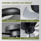 20 Inch Black Flush Mount Smart Ceiling Fan With LED Lights