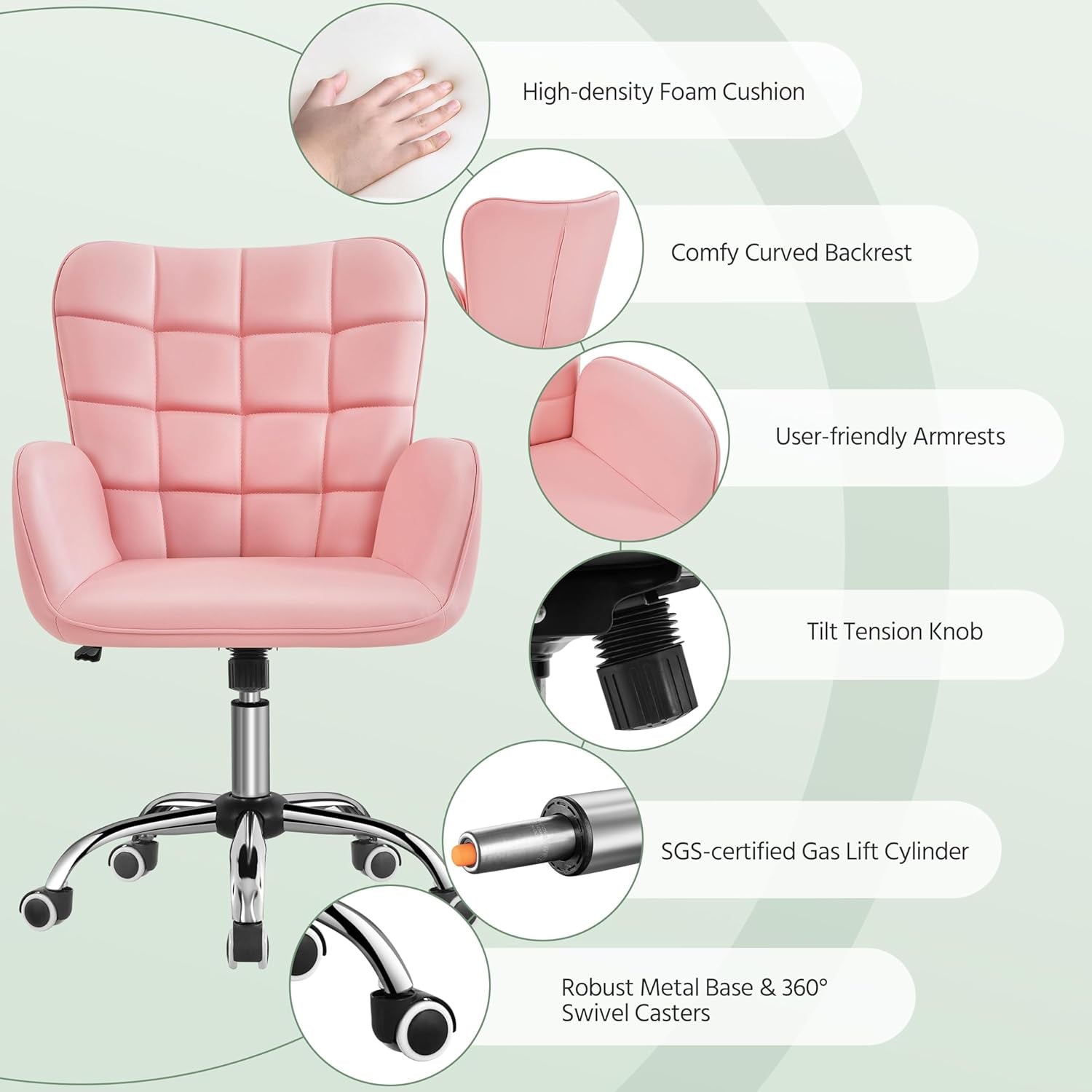 Pink Ergonomic Chair With Adjustable Height