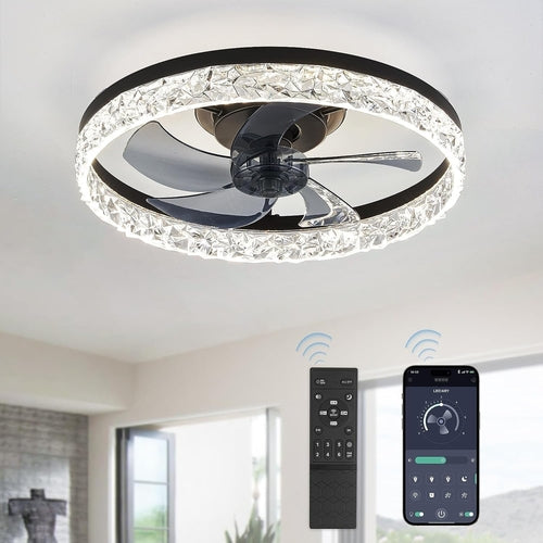 20 Inch Black Ceiling Fan With Lights And Remote, Dimmable, Flush